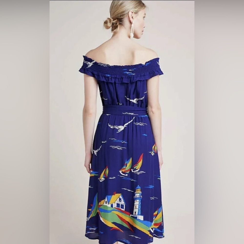 48 of 52 Conversations Anthropologie off shoulder nautical lighthouse dress sz 4 - Picture 2 of 13